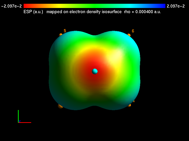 Ethylene electrostatic potential mapped on its electron-density surface: red over the centre of the carbon-carbon double bond, green on most of the surface, cyan to blue toward the hydrogen atoms, with a colour bar from -2.097e-2 to 2.097e-2 atomic units across the top.
