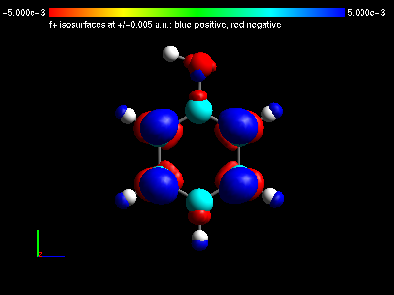 Phenol drawn as balls and sticks, seen face-on with the OH group at the top, under f-plus isosurfaces: large blue lobes over the four ring carbons beside and next-but-one to the carbon bearing OH, small red regions near that carbon, the carbon opposite it and the oxygen, and small blue caps on the hydrogens. A colour bar from -5.000e-3 to 5.000e-3 runs across the top.